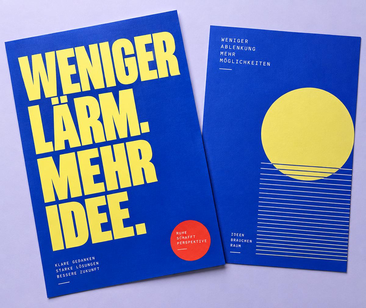 Freie Plakatstudie: Weniger Lärm. Mehr Idee. in Kobaltblau und Gelb